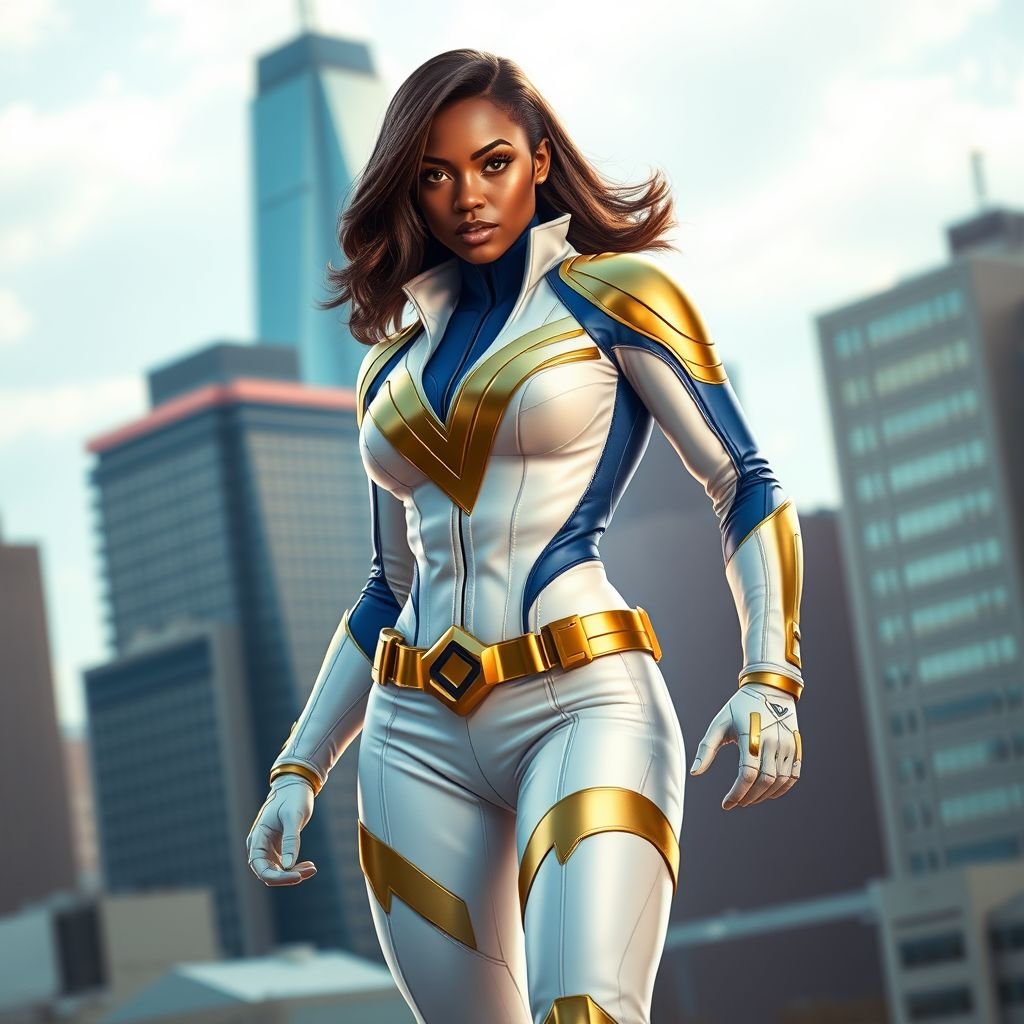 African American female superhero with hair  in a shoulder length side part hairstyle with pure Gold Glowing eyes wearing a white suit with gold and royal blue  with white pants and gold knee length boots with a utility belt with a gold V  as her chest emblem in Philadelphia 