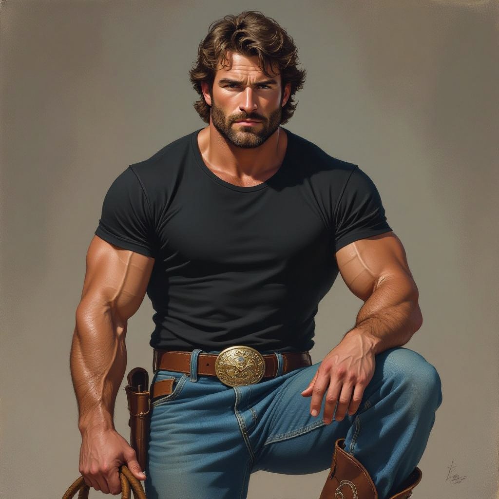 Male. 35 years old. A wrestler in the 1980’s. Cowboy boots. Right jeans. Brown belt. Black t-shirt. Brunette. Shoulder length, wavy hair. Short beard. Looks tough. Has lived a rough life. Hitchhiking. Drugs. Alcohol. Parties. Big and muscular. 