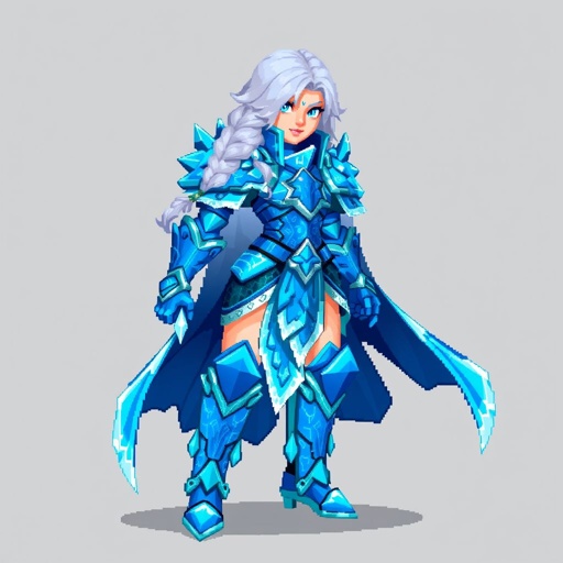 Create a battle woman hero called Alvara the Frostheart. Show full body head to toe including shoes