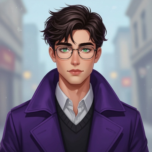 Male 17-year old Dark hair with greenish bluish eyes wears purple longcoat square glasses slightly chubby cheeks
