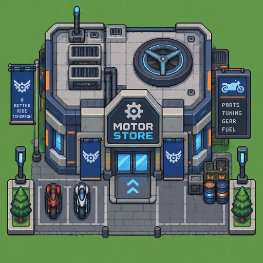 Motor store  full building for a futuristic fantasy city game, exterior, top down style