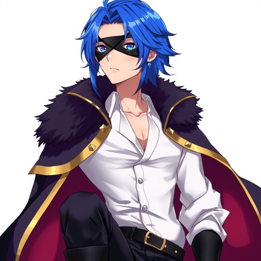 Young Asian man in very early 20’s. Royal blue hair and lighter blue streaks with a lock of hair resting on his left side of his chest. A black eyepatch with gold trim covering his right eye. A periwinkle eye with a diamond-shaped pupil. A half cape with distinctive fur collar, adding a touch of luxury and warmth. His shirt is a white, collared blouse with a noticeable neckline, giving a sense of sophistication and a hint of boldness. Also with dark, form-fitting trousers that emphasise his physique. He also has a blue earring on his left ear, and knee-length boots that complete the ensemble, adding to the overall elegant aesthetic