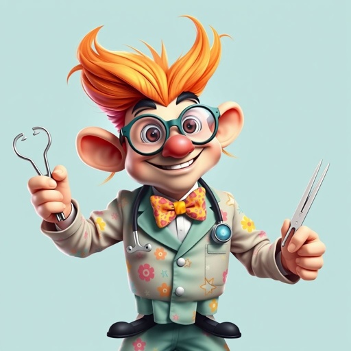 create a funny looking doctor, named doctor p Pom. Who is funny looking from head to toe. And he always says immediately results to surgery for anything even small things. So please be sure to show his whole outfit head to toe.