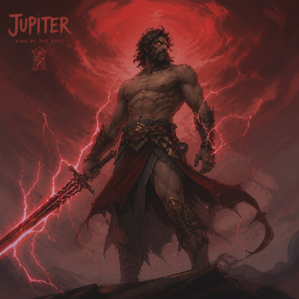 shirtless warrior named jupiter red lightning with a sword, red eyes, red storm clouds
