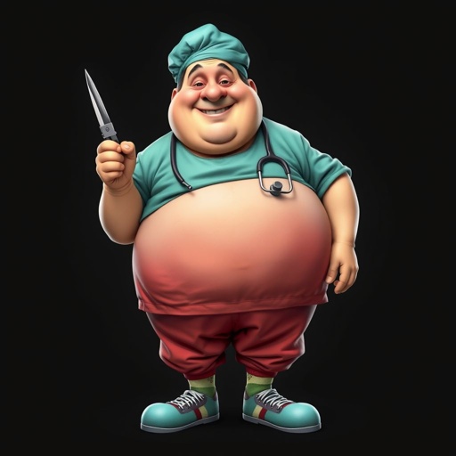 create a fat doctor. Who is funny human looking from head to toe. And he always immediately results to surgery for anything even small things. So please be sure to show his whole outfit head to toe. Make him have 1 tooth. Make it more adult humor instead of cartoon humor.