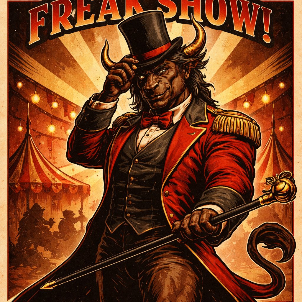 A male chestnut brown Minotaur with deep set cattle like brown eyes, large powerful gleaming horns like his fathers, a well~proportioned figure/body at lest 6 foot tall, long tail. He works at freak show as the ringmaster and his abilities are Reality Rejection, Time Manipulation (Chronokineses), Zoolingualism (Language of Cattle only), Human Speech. His mother is a human with half-animal (Cretan Cattle) physiology and his father is a Cretan Bull.