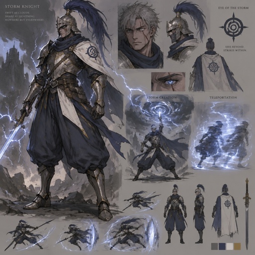 lightning knight, plume helmet, grey hair, eye of the storm mark, baggy pants, scar eye, teleportation ability, storm creation