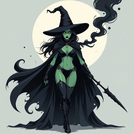 sexy shadow demon witch gypsy slate grey skin large black billowing cloak that emits darkness and shadow smoke. Two piece. Witches Hat.  Wields Black Evil Shadow Smoke Daggers