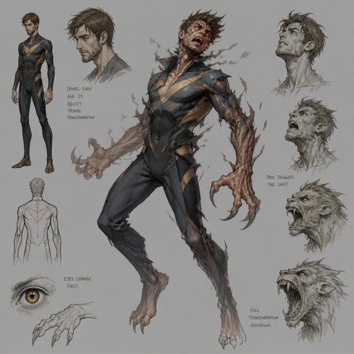 Male superhero with the ability to transform into a beast, cool costume, thin, stubble, brown hair, unstable