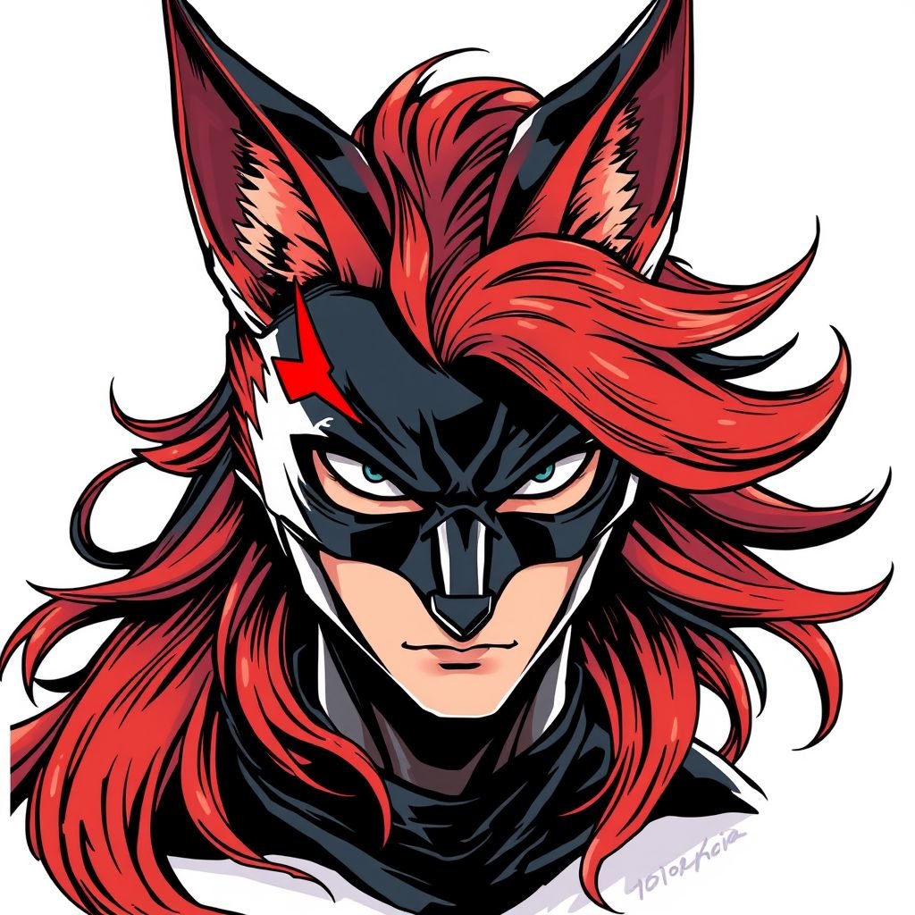 Black/rusty hair, fox ears, a black fox mask covering their face, the mask had white eyes and a red scar on their left eye