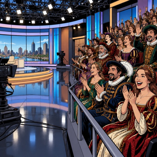 Vivid colors, extreme realism no speech bubble no print dots. A contemporary TV studio with the audience dressed in ornate renaissance robes they are cheering they are on the right side of the image the TV studio extends from them all the way to the left there was no announcer. This is a very horizontal illustration, lots of depth the audience should be male and female, some waving and cheering some just smiling.