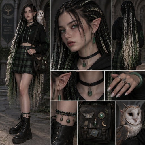 Female, 16, 5’9 tall, stitch braids that go to ankles, black hair with bleached tips and poison green creeping up the bleached tips, emerald green eyes, slightly pointed ears, pale skin, green crystal drop down earrings that connect to a higher part on ear, black choker with a small green crystal potion charm, black cropped hoodie with green accents, a black and green plaid skirt that stops 2 inches from the knees, a beefed black green and blue beaded leg bracelet with potion charms every few beads, black combat boots, a leather satchel across the body with pins fantasy pins, a jade bangle on one hand, fidget rings placed randomly on fingers, white medium almond nails with poison green French tips, really really long hair, an elf owl on her shoulder, 