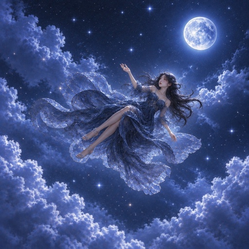 a woman flying through the air with a moon in the background