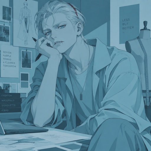 Male, blonde greased brushed back hair, curl on forehead, red streak in hair, scar on lip, blue eyes, slim, designer, cyan casual clothes,