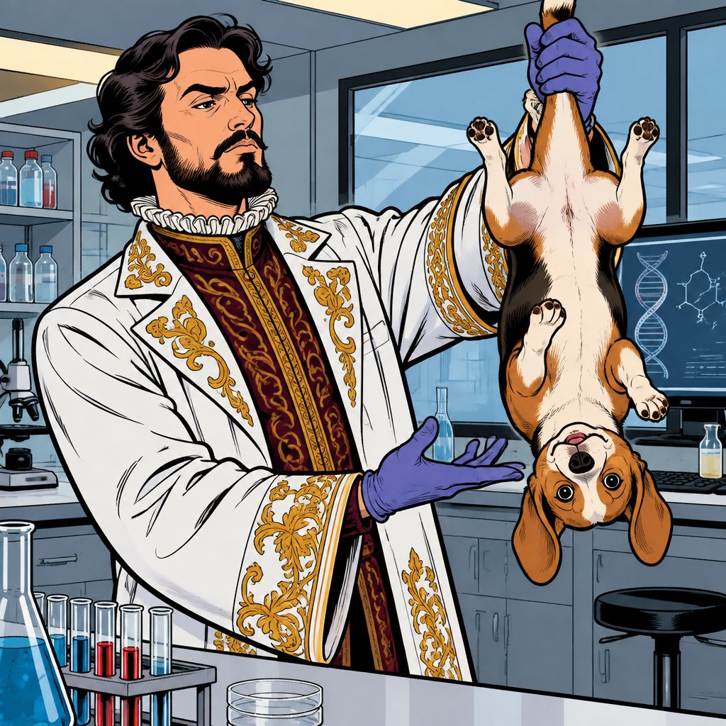 No print dots no speech bubbles vivid colours. A person in a lab dressed in a white lab coat styled in ornate renaissance robes. He is holding out a dog which is upside down all four legs in the air. The setting is contemporary.