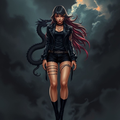Mafia girl with a dragon tattoo on arm with black leather jacket and shorts and black thigh heels