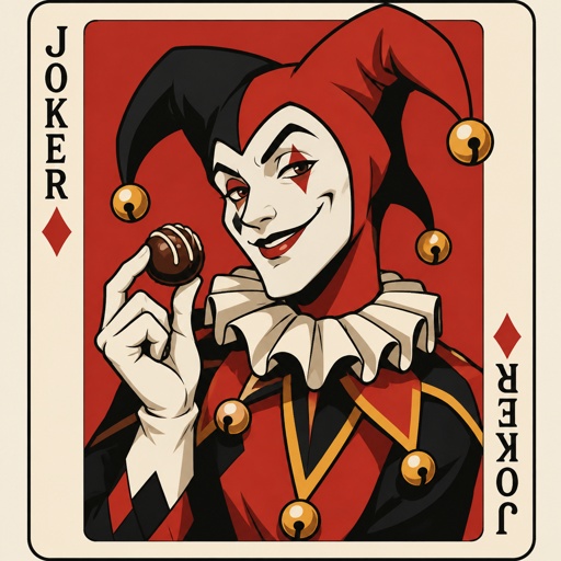 Jester holding a candy truffle on in a bicycle playing card style   