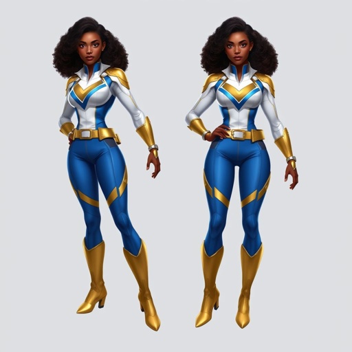 A teenage African American female with shoulder length curly hair  in a side part style superhero  wearing a  DOMINO MASK and a professionally made slightly armored white and blue suit with blue pants gold accents and a stylized V as her chest emblem a utility belt and gold boots
