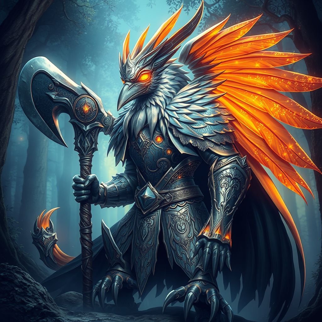 Metal bird humanoid barbarian silver