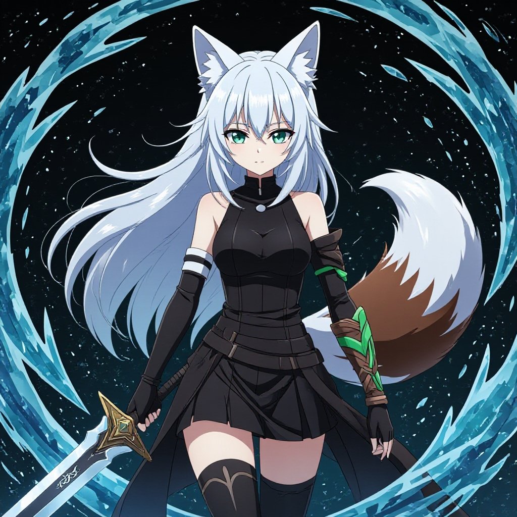 (In the style of an anime game called Genshin Impact) A pale teenage girl wearing black, has medium white hair, has large fox ears and a fluffy tail and a dark green and brown ancient right arm with a black glove on her left arm holding a sword of ice with a black-ish background with ice swirling around her