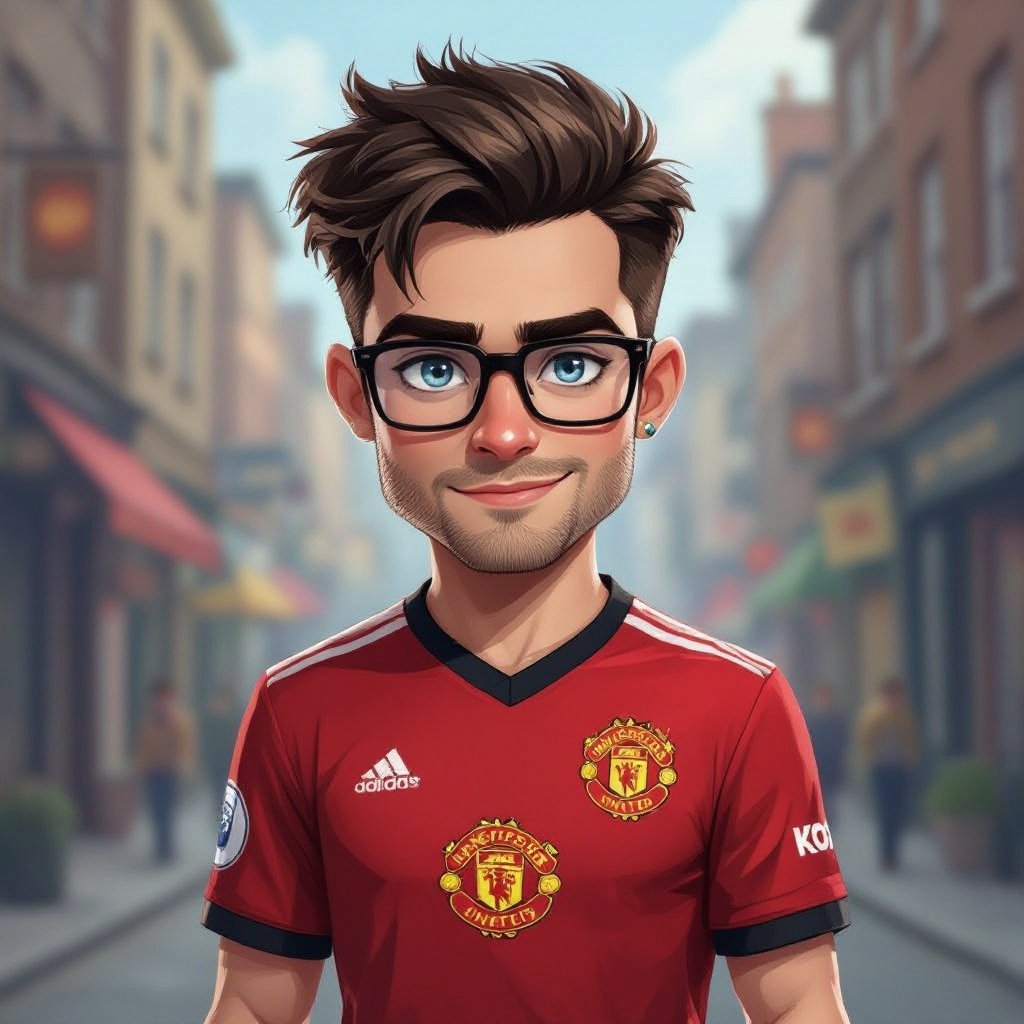 Mężczyzna o krótkich, ciemnobrązowych, włosach. bez zarostu. niebieskie oczy. Ubrany w koszulkę piłkarską manchaster united. Duże okulary z szerokimi oprawkami. Podłużna twarz. Wysokie czoło, wąskie usta, Brwi opadające na końcach. Przymknięte oczy. Bez kolczyków