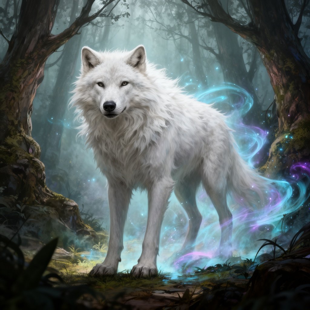 Large white wolf with wild looking fur and loose cool with nothing on it