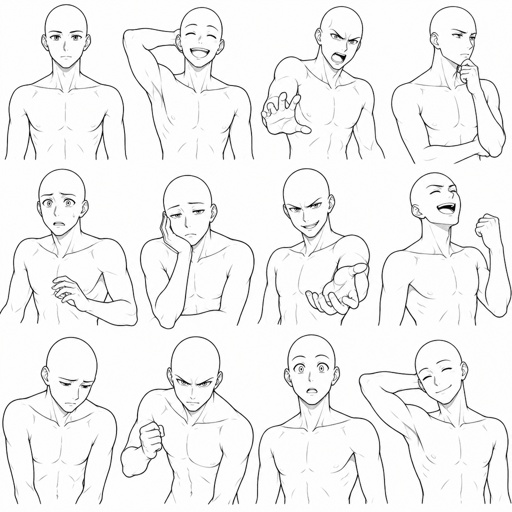 Different face expressions male thin half body drawing base, dynamic, bald,