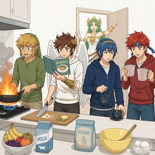 Super smash brothers link from legend of Zelda, pit from kid Icarus, Marth from fire emblem,Roy from fire emblem, there trying to make breakfast Roy looking at the measuring cups saying "which one do I use?" link holding pan that's on fire, pit trying to read the cookbook but it's upside down and holding a knife near a cutting board,Marth making himself some tea with a tired face expression think “why did I get up”, Palutena comes into the kitchen and yells "what are you guys doing!" All in casual clothes