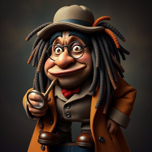 Create a funny fat character similar to Sherlock Holmes, but make him of black decent and with dread locks. Show his whole outfit including his shoes.