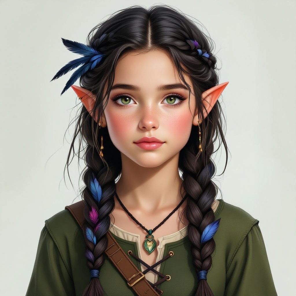 Young girl, half elf half Druid dark hair with raven feathers throughout her hair sporadically but her hair is in messy braids she’s only about 5’2 and her out foot is green