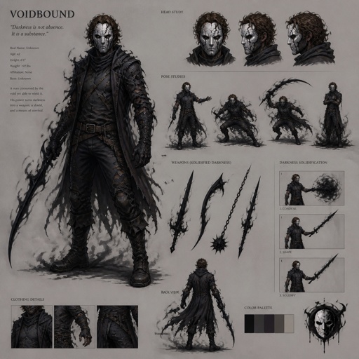 Male superhero with darkness solidification, ragged , weapons made of shadows, mask covers whole face,curly brown hair, cracks, middle aged, multiple of the same character 