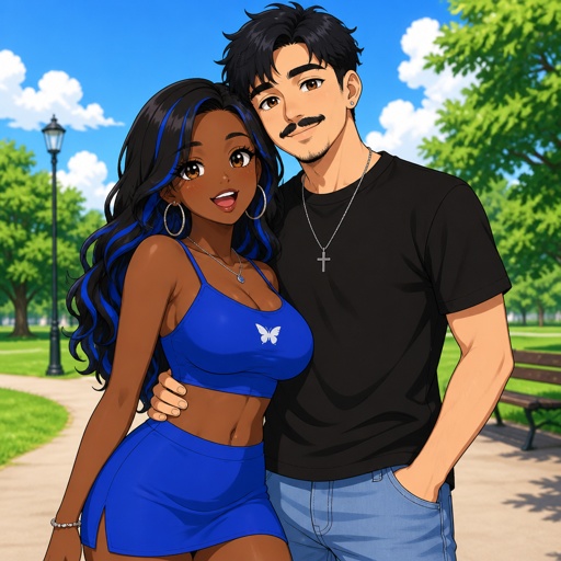 I want a  picture of an African American girl with black and blue hair In the back in a blue crop top and a mini skirt with big boobs and ass and white with a quarter Mexican boy with  black  hair  with a mustache together and there at a park 