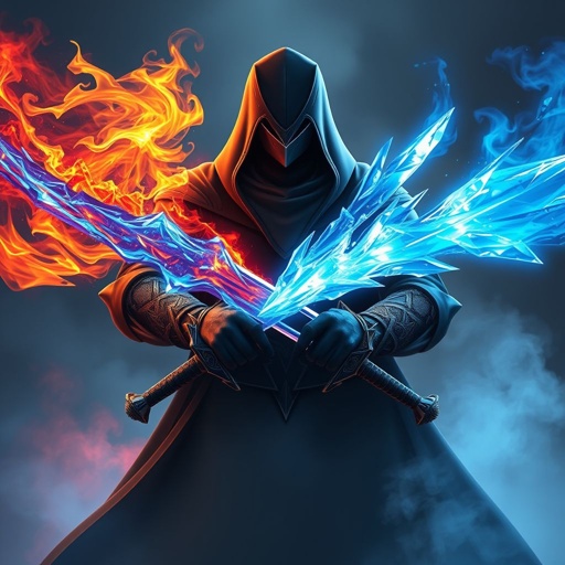 2 swords crossed no human with fire and ice coming from them