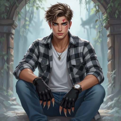 A 20 year old guy with grey eyes, light brown hair styled in a loose undercut modern curtain, wearing white airforce shoes, a white under shirt with a grey, black, and white plaid shirt with blue jeans, scar over right eyebrow hands are black jaguar claws