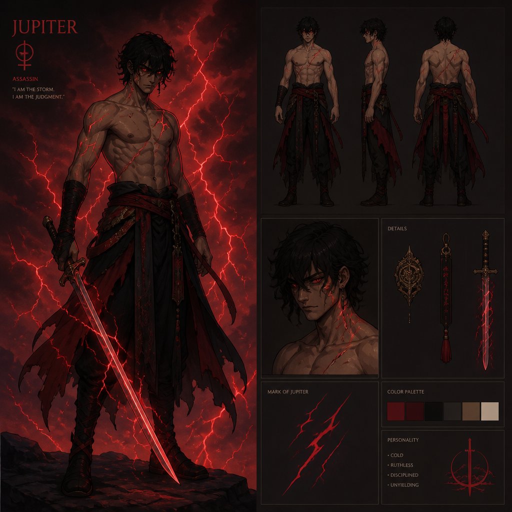shirtless assassin named jupiter red lightning with a sword, red eyes, red storm clouds