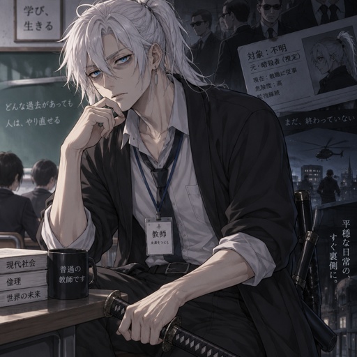 Anime style, male, highly skilled in fighting all fighting styles and weapons, bright blue eyes, white Japanese ponytail,pale skin, eye bags, teaches,earring,trained since birth,supposed to be an assassin,he chose to be a teacher, uses his skills ,no one knows who he is,agency trying to track him down because of the threat he could be 