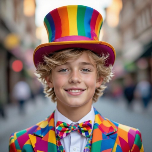 Hot teenage boy with blonde hair and a colourful top hat