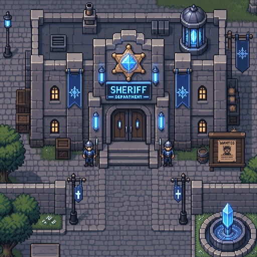 Sheriff department for a futuristic fantasy game, exterior, top down style
