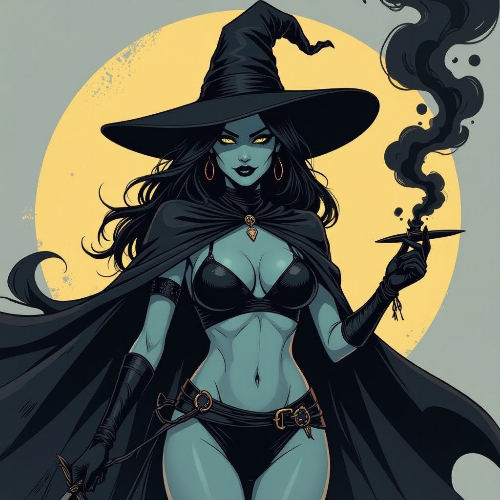 sexy shadow demon witch gypsy slate grey skin large black billowing cloak that emits darkness and shadow smoke. Two piece. Witches Hat. Wields Black Evil Shadow Smoke Daggers