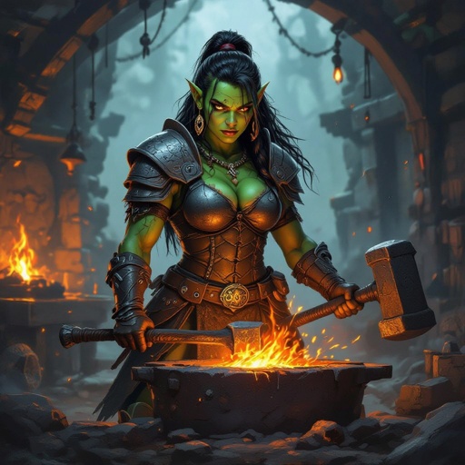 A female half orc blacksmith