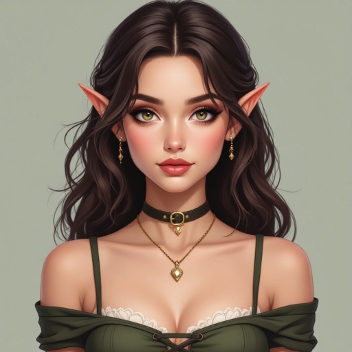 Dark Brown Hair Elf Witch Librarian in Tube Top and Tight mini Pencil Skirt