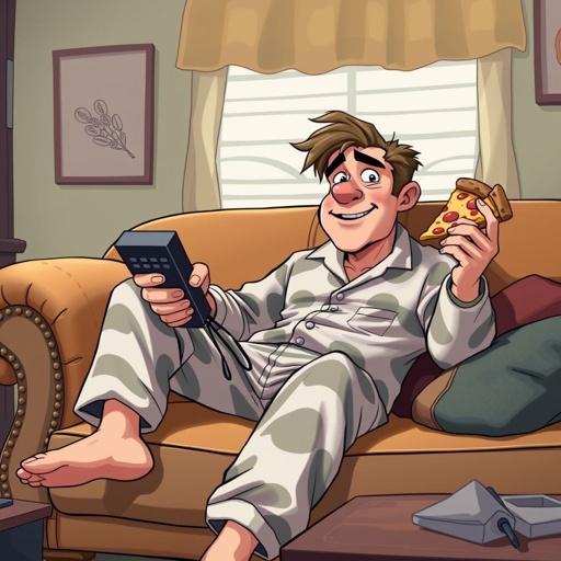 Create mid 30 character who is lazy as heck. And you could tell from his face and his entire outfit. Make is funny and the style of the graphic photographic
