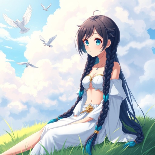 A young female with fair skin and vibrant teal eyes. Black hair with cyan tips in the form of two long braids. Wearing a two-piece goddess outfit (specifically top and trousers exposing a small amount of stomach) sitting on a hill watching pigeons fly from a very far distance