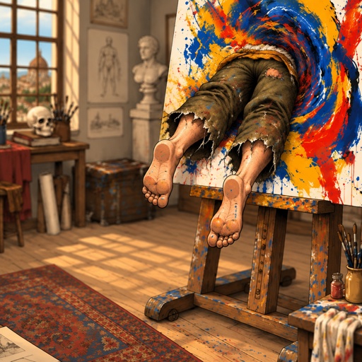 a person laying on a easel in front of a painting