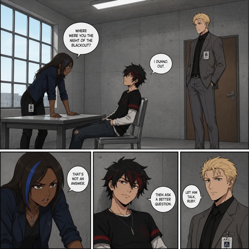 Anime style, Ruby she's dark skin with brown hair and light blue, streak, serious, intimidating, makes sure she gets all the answers she needs,very good at interrogating the suspect, is very loud, being calm is hard, loves tea, she cares about her partner gray but doesn't know about gray's feelings to her, she occasionally will smile a lot.Agent gray nice wave blond hair, tallish, nice, doesn't wear glasses, cares about partner, shy, good at his job, very organized but when a lot of work happens all at one and there's a limited time he can get very disheveled, likes his partner agent Ruby but to scared to admit it, smart, can work in any situation,energy drinks,can unintentionally be funny. Anime white male, name Lloyd, hair messy long one loose braid, black hair with light red stripes, clean shaven,red eyes, long scary fingers spider fangs,glasses, sarcastic, cold, laugh mockingly, traumatized,was a unwillingly experiment many years before getting rescued, no memory of his past, has power of a spider, poisonous makes spider webs with his hands, can communicate and control spiders, on right arm a print says sub 389, doesn't remember anything from his past,very dangerous, being taken care of in a special agency.there all in the same room asking Lloyd questions,Lloyd is wearing casual clothes ,as a comic