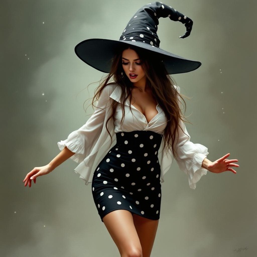 Brunette Elf Wizard Librarian with Long brunette hair in a tight black and white polka dot mini pencil skirt and a white open blouse and a big witches hat. She looks like is SO drunk