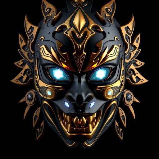 A female war mask with gold accents 