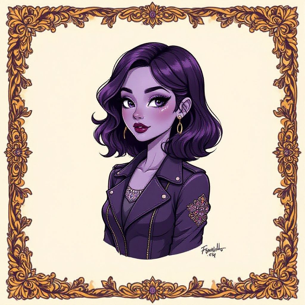 Her lilac skin is smooth and cool like dusk on stone, her dark purple hair sculpted in perfect waves that would survive a battle. Her eyes are pure black—glassy, depthless, elegant in their wrongness. She dresses like someone raised in wealth: fitted jackets, embroidered hems, and muted jewel tones that make her skin glow.