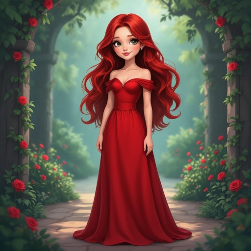 The Queen of hearts daughter as a teenager with dark red hair in a red dress who is kind