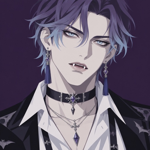 Male, pale, vampire, light blue eyes, cheekbones, medium length messy hair, hair in the middle of forehead, purple and light blue hair gradient, tassel earrings, jewelry, dress shirt, choker